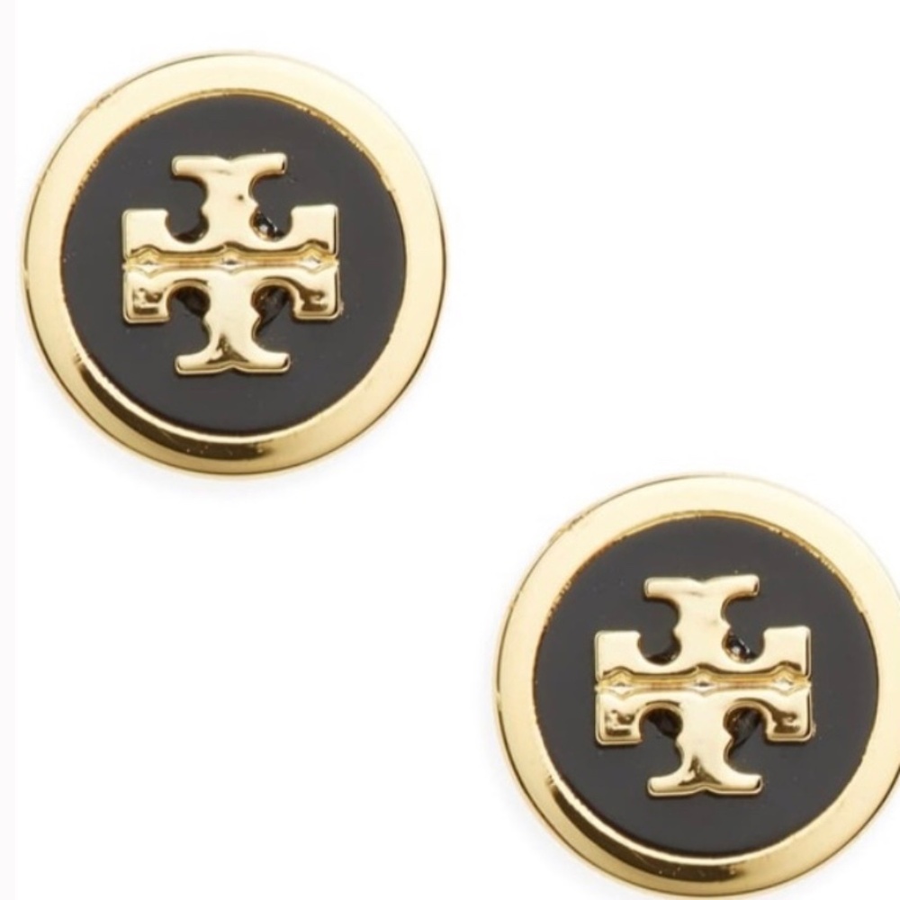 TORY BURCH BLACK/GOLD LOGO STUD EARRINGS